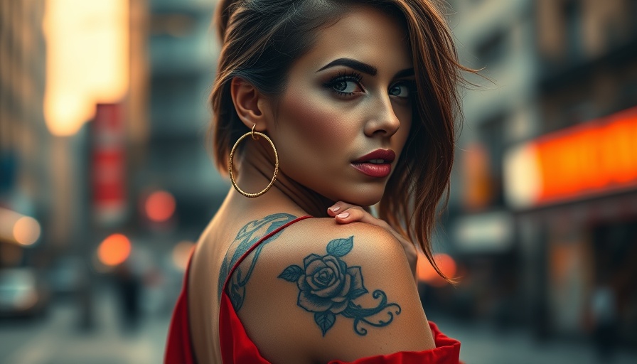 Decorative tattoo on woman's shoulder in a stylish city scene.