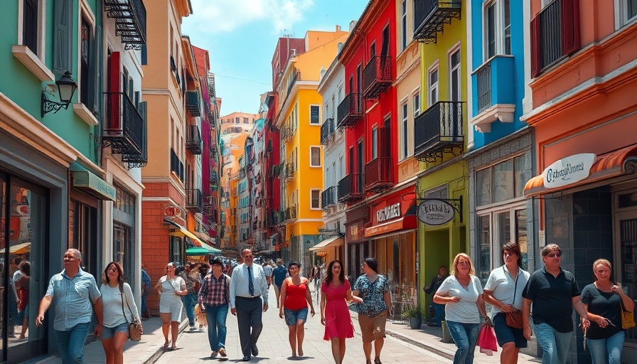 Colorful street with families strolling, showcasing budgeting and balance for modern families.