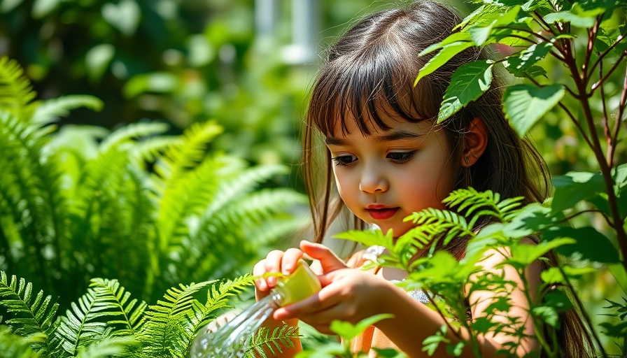 Young girl watering plants in garden, Children's Herbal Head-Start