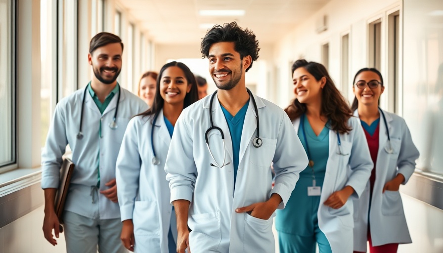 Diverse group of medical students walking in a hospital hallway.