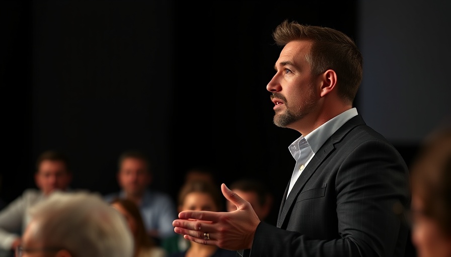 Confident speaker discussing healthcare system collapse on a podcast.