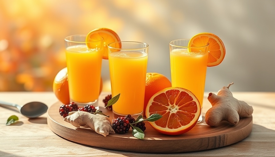 Equinox Morning Elixir of fresh orange juice with oranges and berries in sunlight.