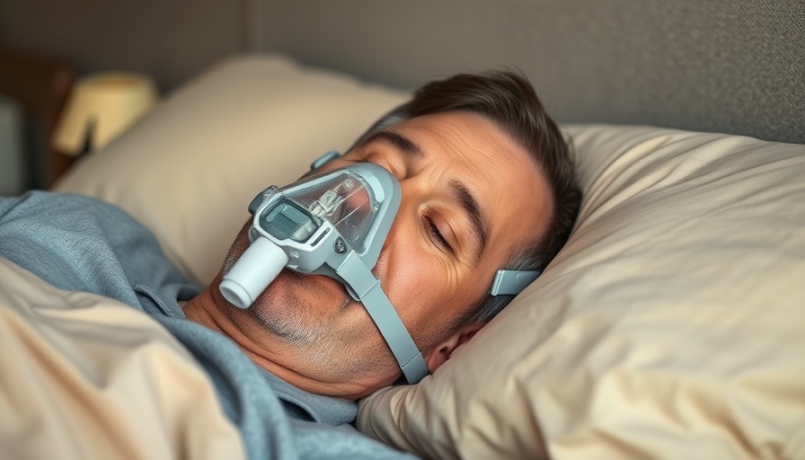 Middle-aged man using CPAP mask for sleep apnea treatment, resting peacefully.