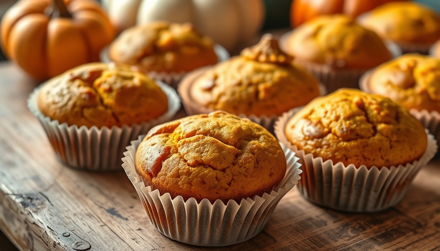 Golden brown Greek yogurt pumpkin muffins on wooden surface.