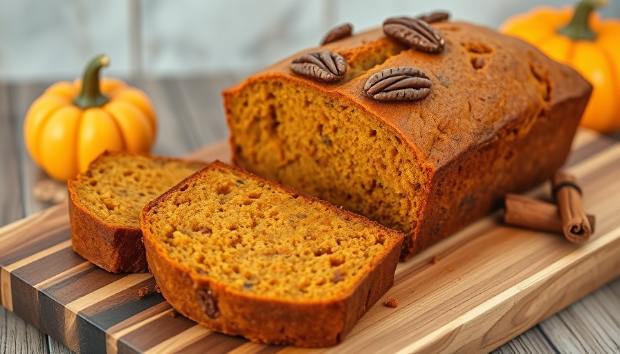 Freshly sliced high-protein pumpkin bread with small pumpkins and pecans.