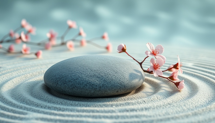 Zen stone and cherry blossoms symbolize unhooking from the ego in medicine.