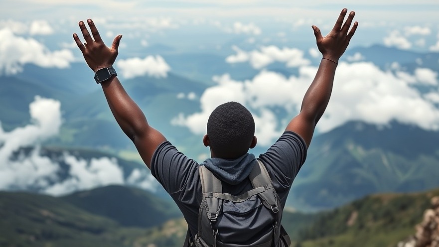 Confident black hiker celebrates personal growth at mountain peak, inspiring health journeys.