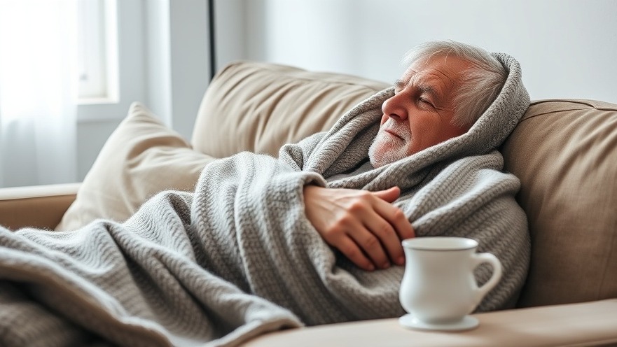 Middle-aged man with plague awareness resting at home, cup of tea nearby.