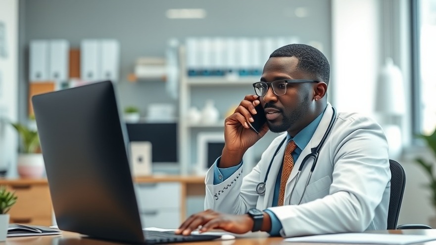 Black doctor coordinating patient care on the phone in a medical office.