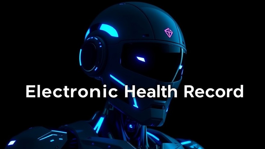 Robotic healthcare AI with neon highlights, promoting electronic health records improvement.