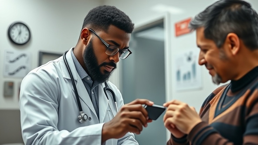 Black doctor discusses AI technology in healthcare with Hispanic patient in bright waiting room.