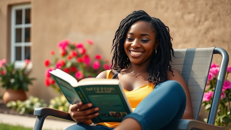 Smiling young black woman reading in her backyard, embracing fitness trends 2025.