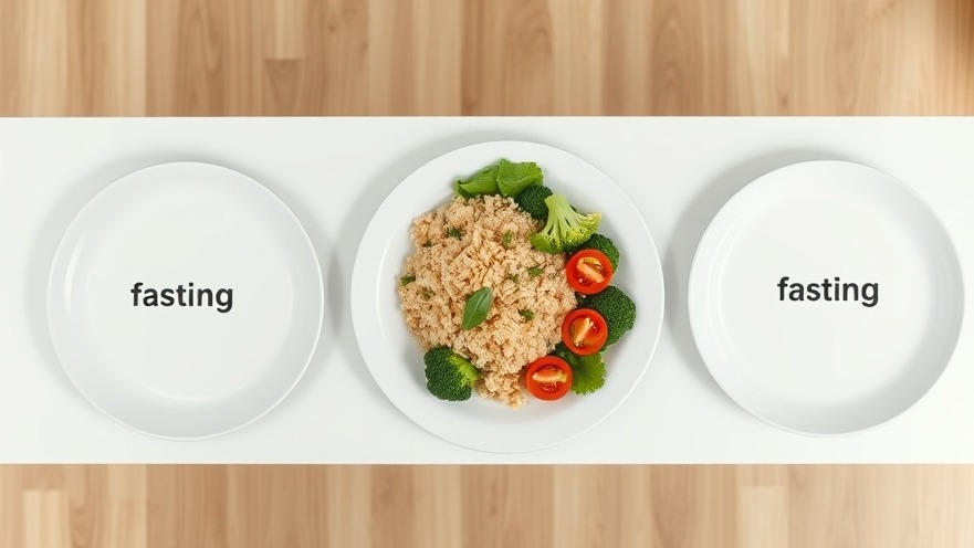 Intermittent fasting setup for weight loss: clean plates with healthy lunch, bright ambiance.