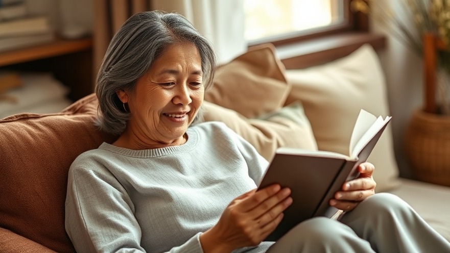Relaxed middle-aged Asian woman enjoying a book in a cozy setting, embodying daily exercise tips.