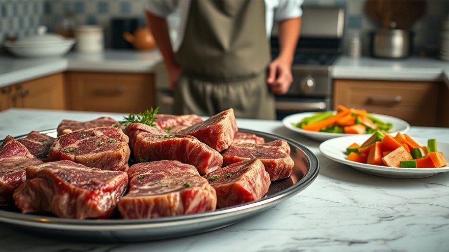 Closeup of uncooked steaks and fresh vegetables promoting a Paleo diet.