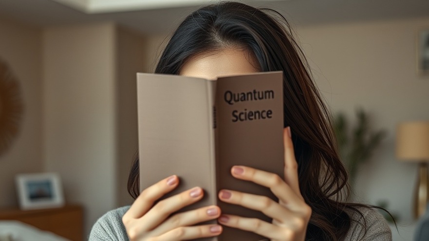 Woman reading 'Quantum Science' in a modern home, promoting wellness and fitness.
