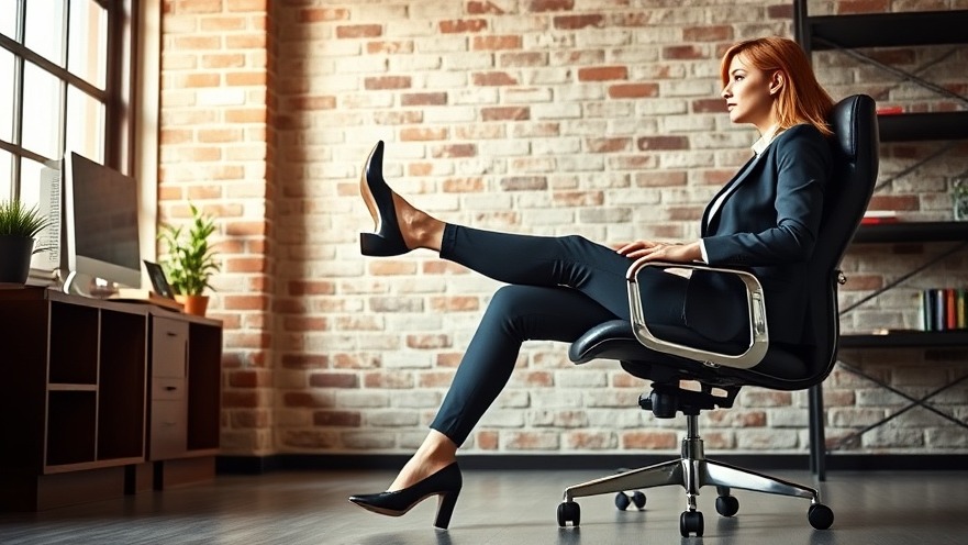 Professional woman exercising at work to boost wellness and blood circulation in a modern office.
