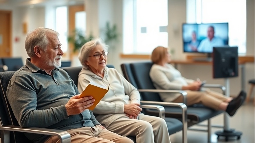 Middle-aged and senior patients in a hospital waiting room highlight health disparities in rural healthcare access.
