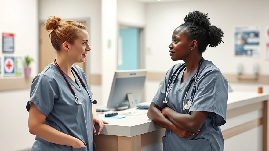 Nurses discussing health workforce wellness at a hospital station.