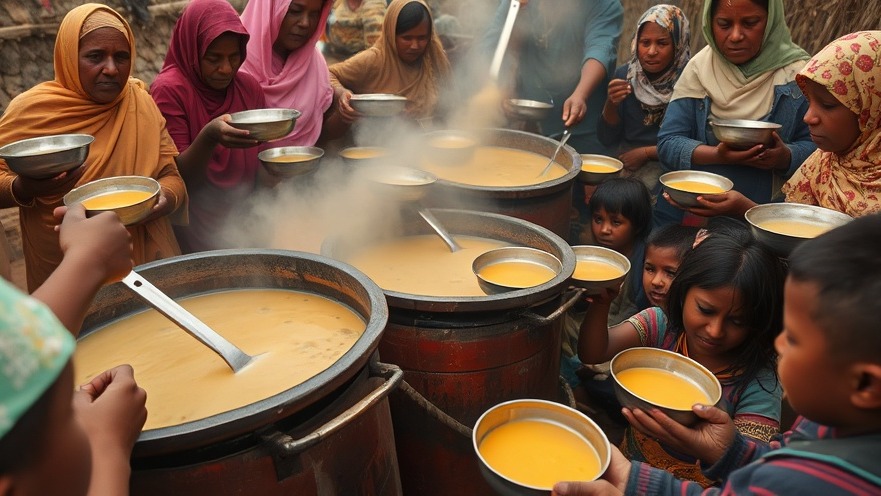 Women and children in an impoverished area receiving soup, highlighting global health issues.