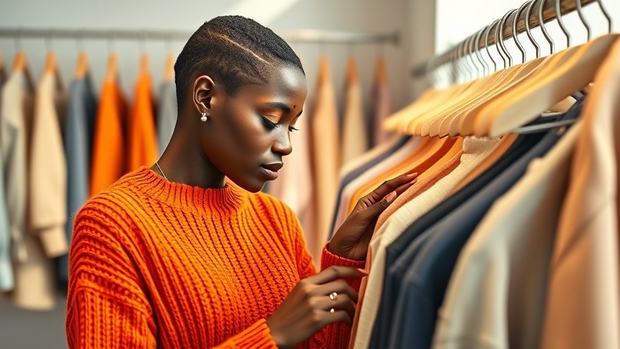 Elegant young black woman shopping for eco-friendly clothing in a vibrant sweater.