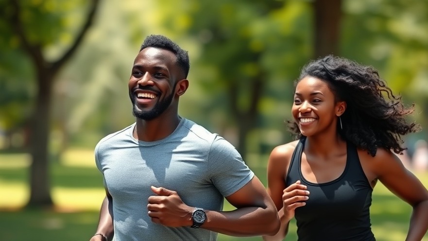 Fit middle-aged black male and female partner smiling while running outdoors, promoting testosterone optimization.