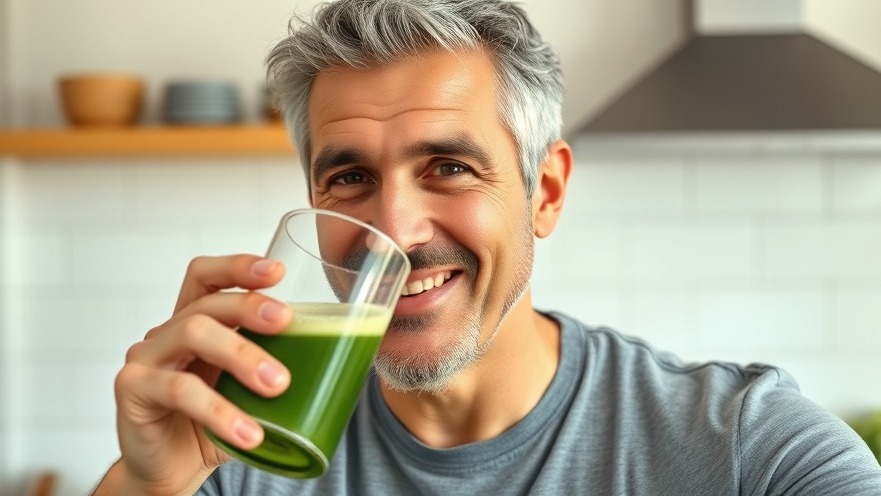 Middle-aged Hispanic man enjoying a green drink, promoting testosterone therapy and men's health.
