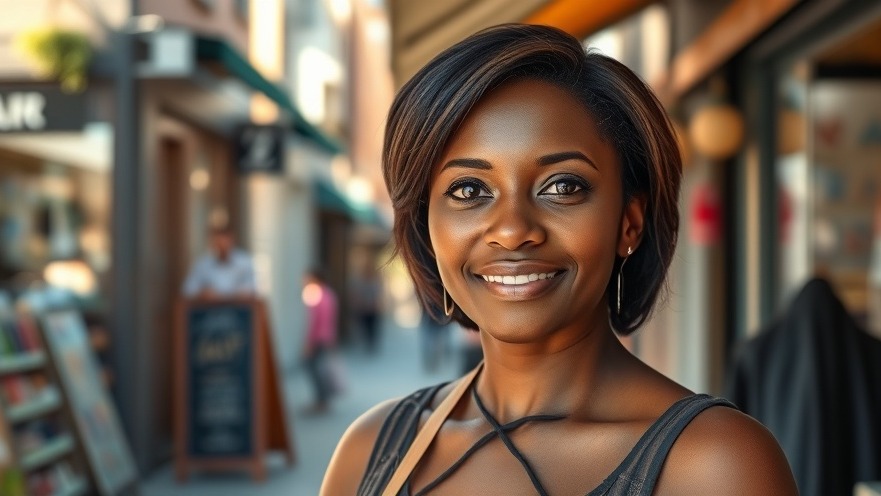Middle aged black business owner outside her shop on a sunlit street.