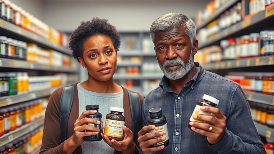 Confused middle-aged couple shopping for longevity supplements in a vibrant store.
