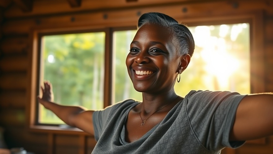Middle aged black woman stretching in morning sun, embracing well-being tips.
