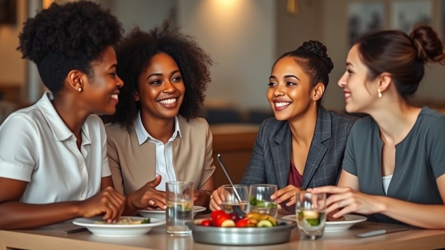 Four middle-aged women discussing healthcare transformation over lunch.