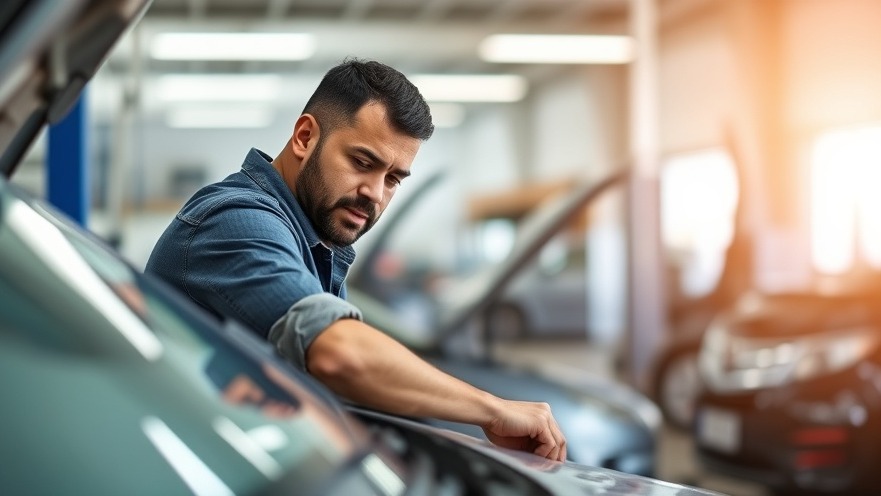 Hispanic man working on a car in a bright auto garage, highlighting health barriers.