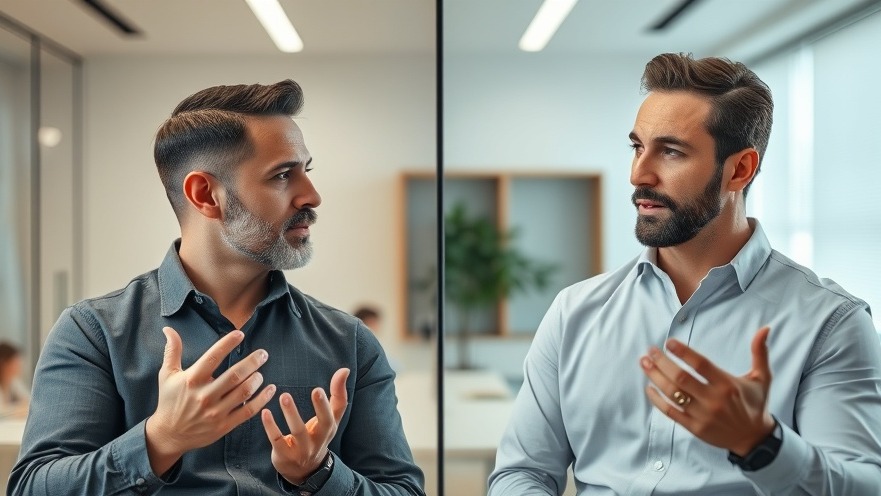 Two men discussing skincare benefits in a cinematic split-screen photo.