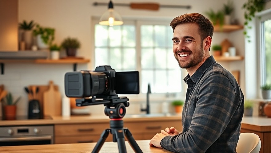 Man filming health video in kitchen for coaching tips.