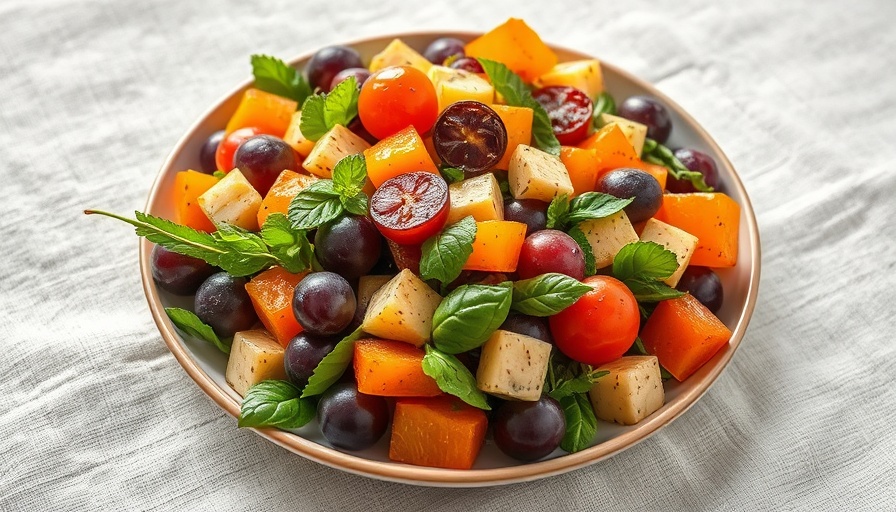 Healthy roasted vegetable and grape salad for senior health.