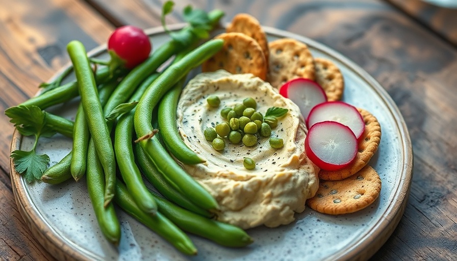 Vibrant snack of edamame dip with radishes and seed crackers, Plant-Based Diet for Health.