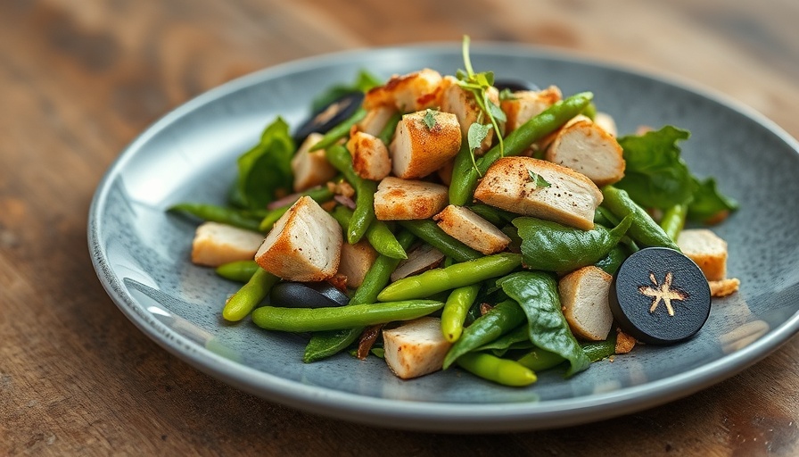 Healthy Aging Recipes: Vibrant edamame and chicken salad on gray plate