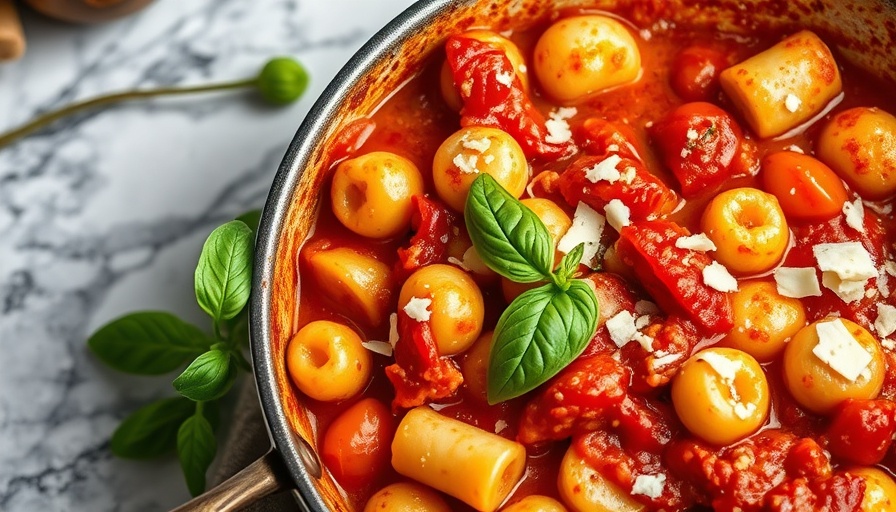 Gnocchi marinara recipe with basil and cheese in a skillet.