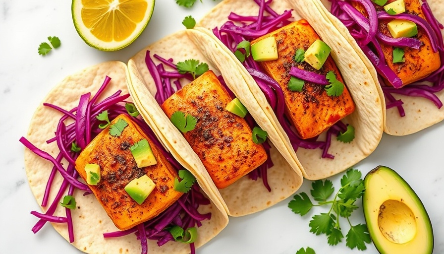 Delicious chipotle salmon tacos with avocado and cabbage.