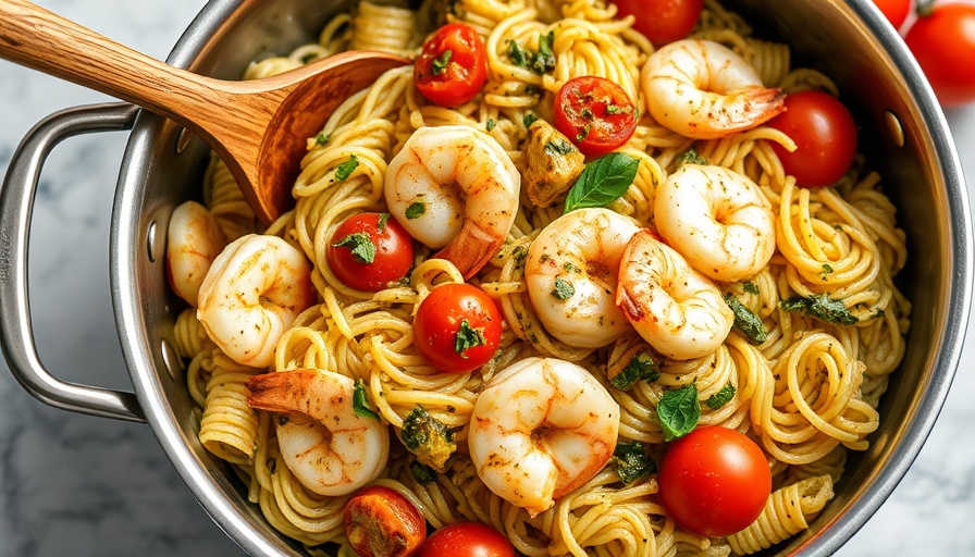 Vibrant pesto shrimp orzo in a stainless pot with a wooden spoon.
