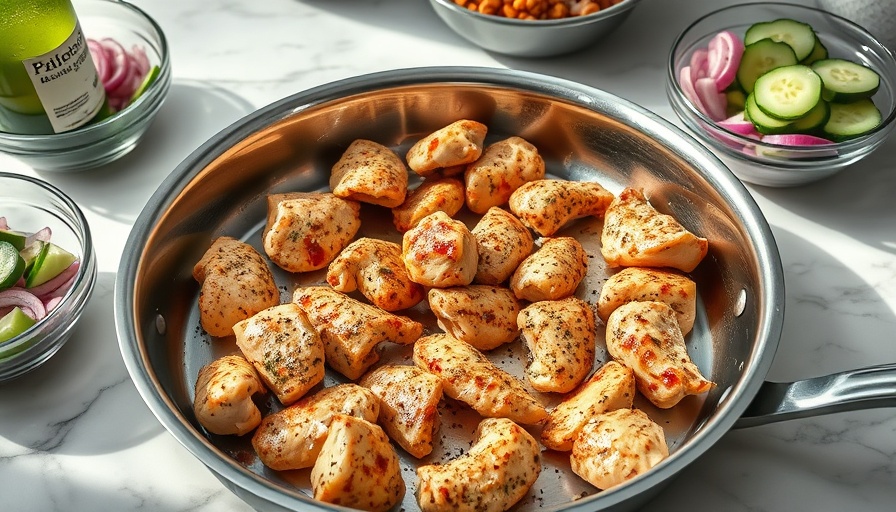 Cooked chicken and fresh veggies for healthy recipes on marble countertop.