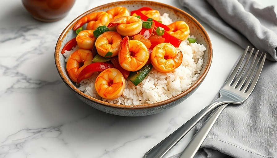 Healthy recipes: Shrimp stir-fry on rice with vegetables.