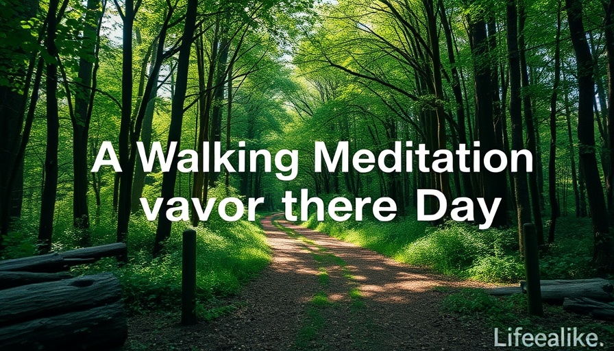 Walking meditation graphic with tranquil forest and inspiring text