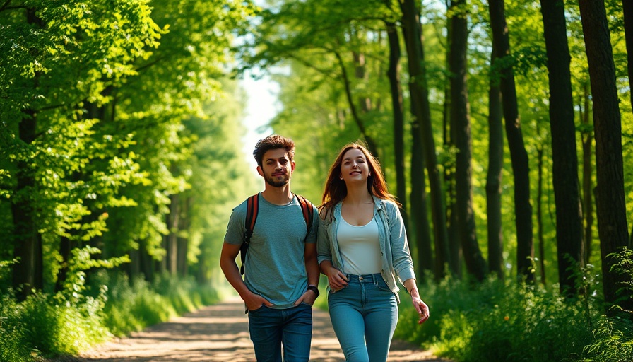 Two people walking in a sunlit forest, experiencing freedom from tech overload.