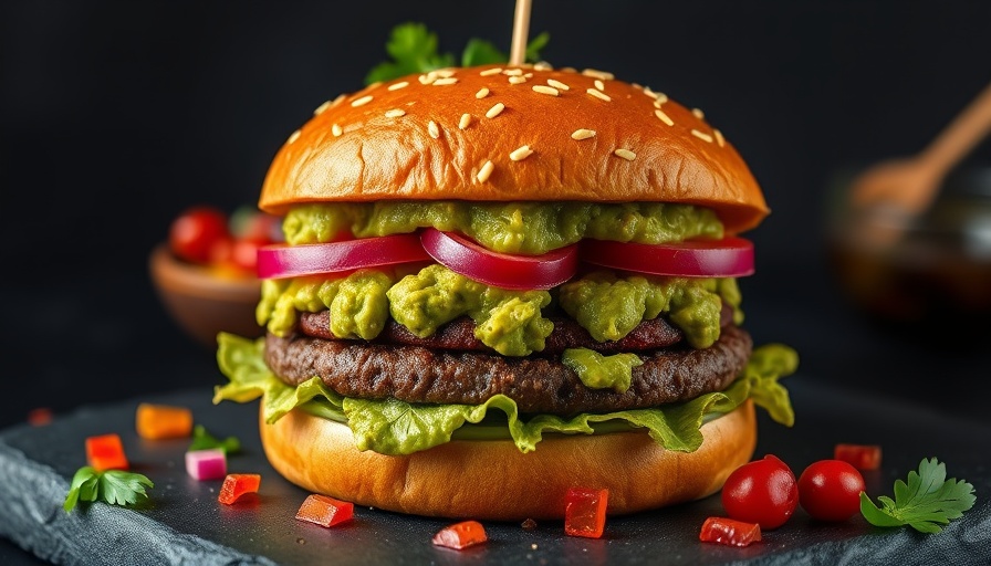Chunky Guacamole Cheeseburger with garnishes on black surface.