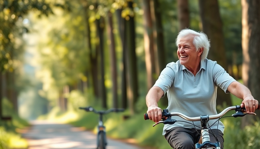 Older couple riding bikes in a forest promoting senior health.