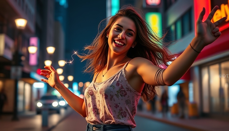 Woman dancing in flow state on lit city street.