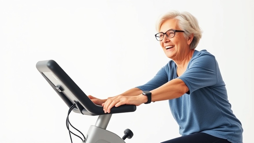 Energetic older woman exercising on bike, showcasing healthy lifestyle choices for aging gracefully.