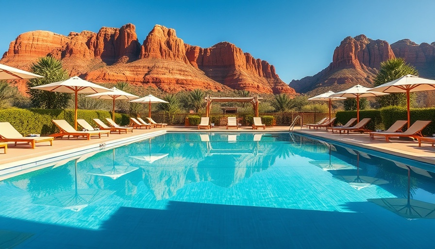 Poolside at girls weekend getaway Sedona Arizona with red rock views.