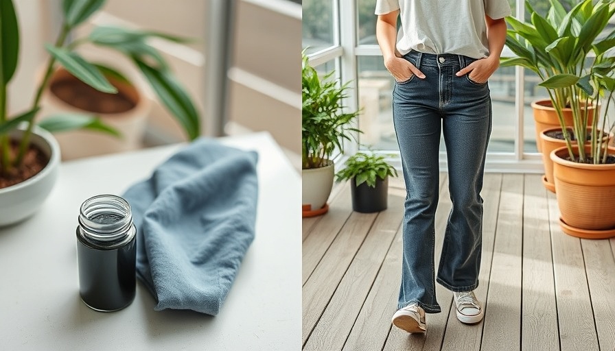 Process of how to dye clothes shown with jeans and dye bottle.